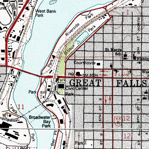 Topographic Map of Great Falls Post Office, MT