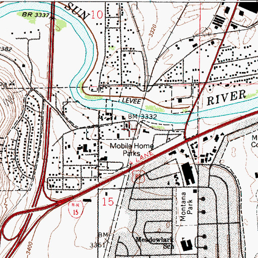 Topographic Map of South End Sun River Bridge (historical), MT