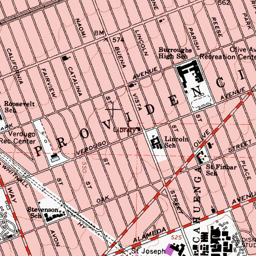 Topographic Map of Buena Vista Branch Burbank Public Library, CA