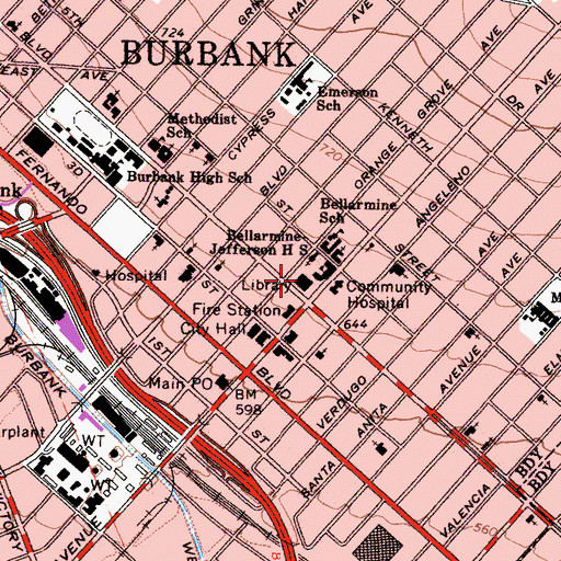 Topographic Map of Burbank Public Library, CA