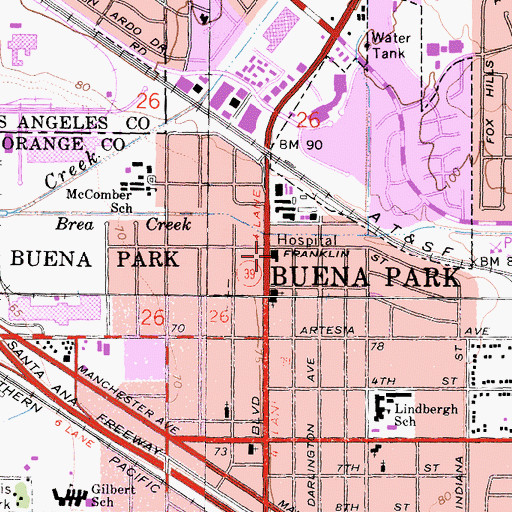 Topographic Map of Anaheim General Hospital Buena Park Campus (historical), CA