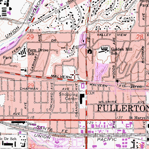 Topographic Map of Muckenthaler Cultural Center, CA