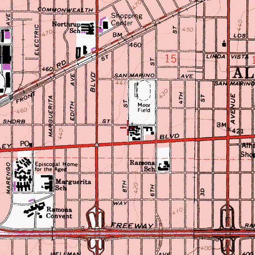 Topographic Map of Alhambra Friends Church, CA