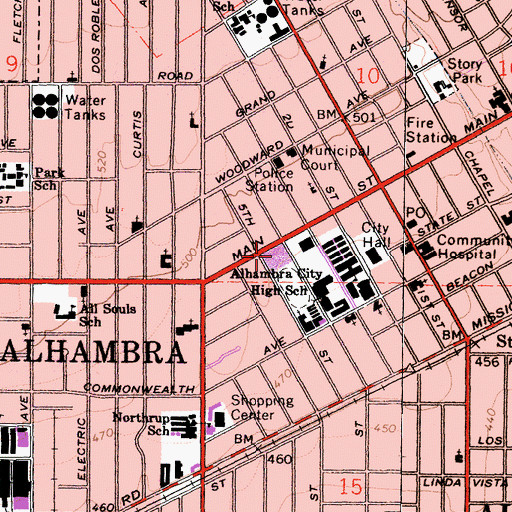 Topographic Map of Alhambra Public Library, CA