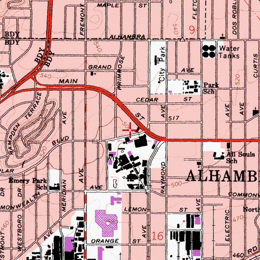 Topographic Map of Alhambra Fire Department Station 73 Northwest District, CA