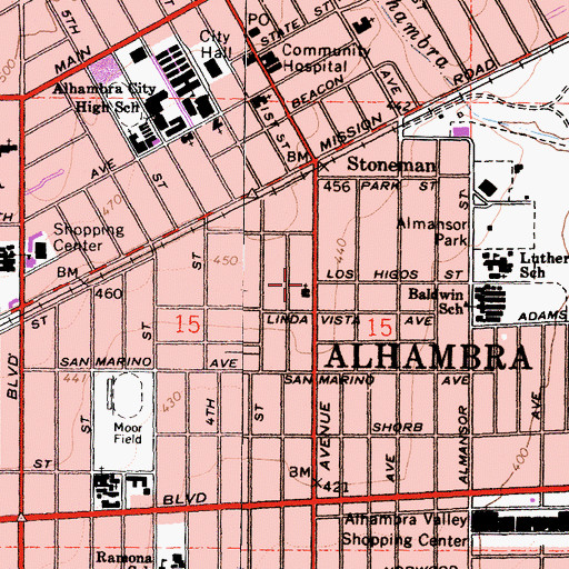 Topographic Map of Garfield Avenue Baptist Church, CA