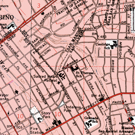 Topographic Map of Saint Therese Roman Catholic Church, CA