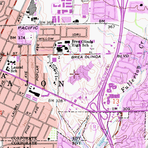 Topographic Map of Brea Mall Shopping Center, CA