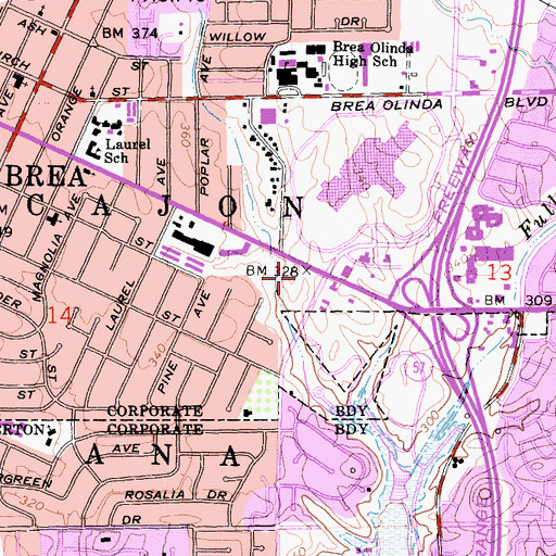 Topographic Map of Brea-Imperial Shopping Center, CA