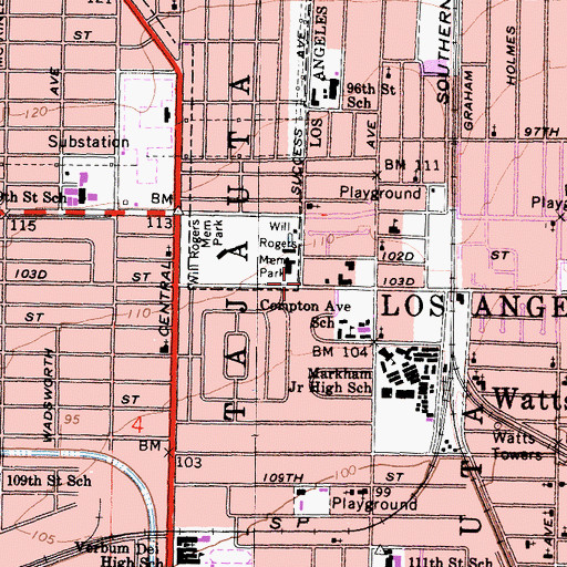 Topographic Map of Watts Branch Los Angeles Public Library, CA