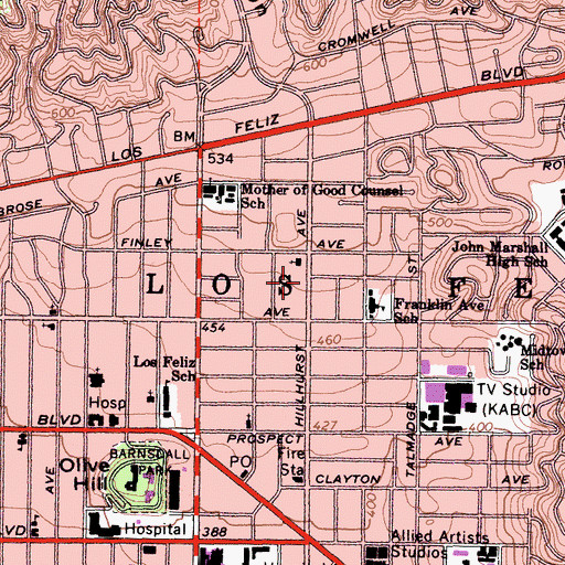 Topographic Map of Los Feliz Branch Los Angeles Public Library, CA