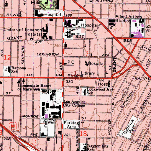 Topographic Map of Cahuenga Branch Los Angeles Public Library, CA