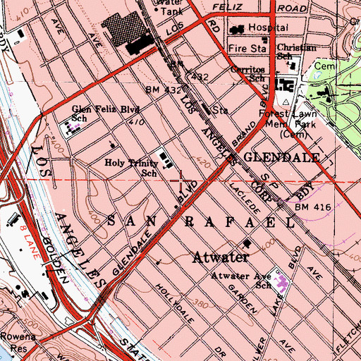 Topographic Map of Atwater Branch Los Angeles Public Library, CA
