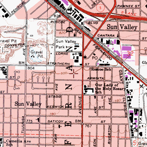 Topographic Map of Sun Valley Branch Los Angeles Public Library, CA