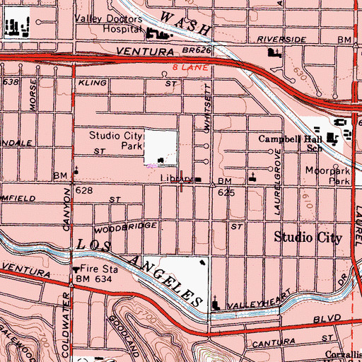 Topographic Map of Studio City Branch Los Angeles Public Library, CA