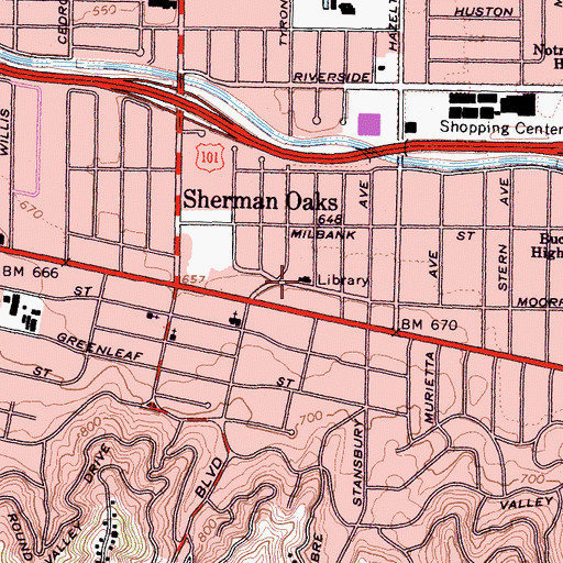 Topographic Map of Sherman Oaks Branch Los Angeles Public Library, CA