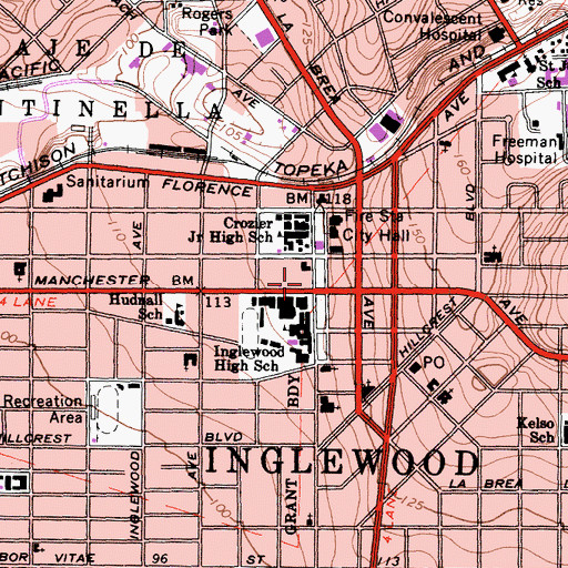Topographic Map of City of Inglewood Public Library, CA
