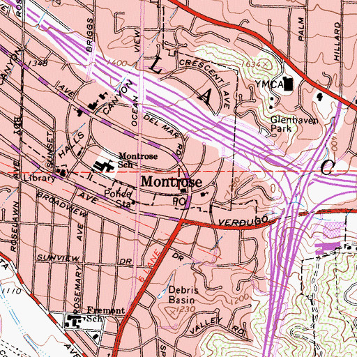 Topographic Map of Montrose-Crescenta Branch Glendale Public Library, CA