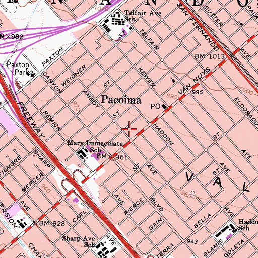 Topographic Map of Pacoima Branch Los Angeles Public Library, CA
