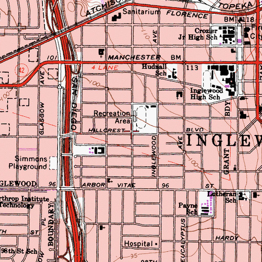 Topographic Map of Hillcrest High School, CA