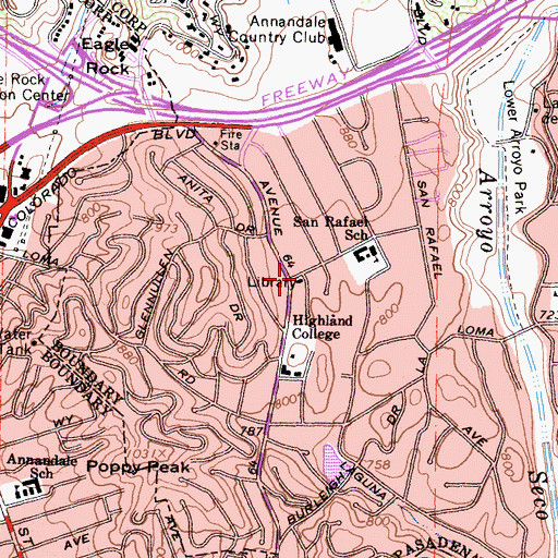 Topographic Map of San Rafael Branch Pasadena Public Library, CA