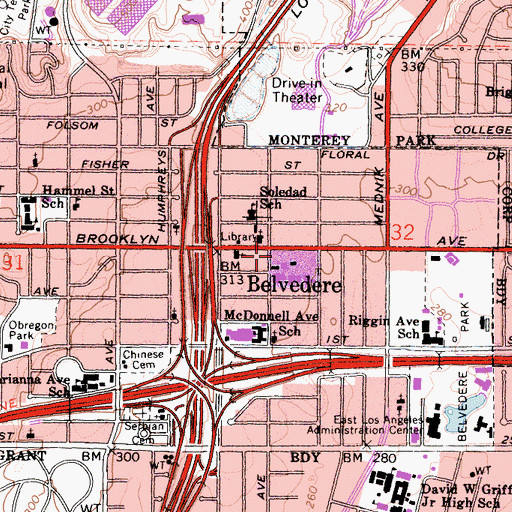 Topographic Map of Brooklyn Avenue Elementary School, CA