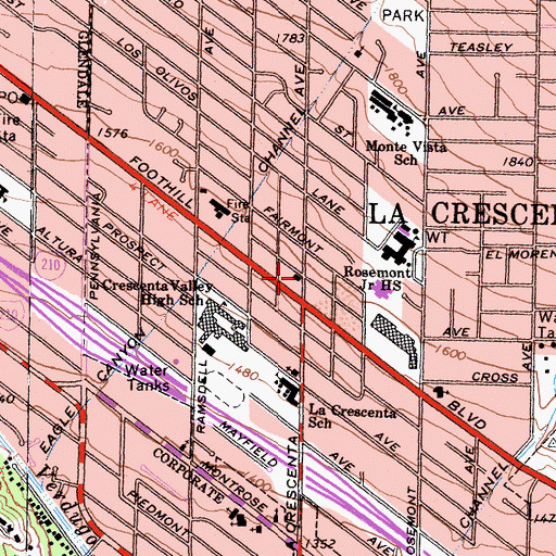 Topographic Map of La Crescenta Branch County of Los Angeles Public Library, CA