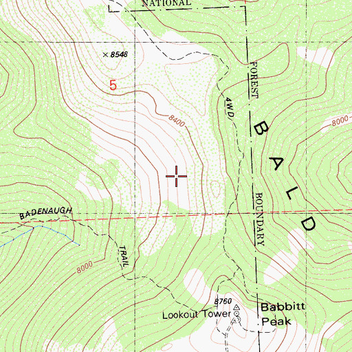 Topographic Map of Babbit Peak Research Natural Area, CA
