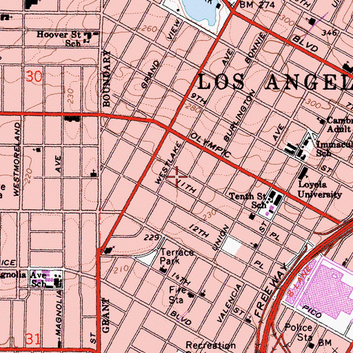 Topographic Map of South Bonnie Brae Tract Historic District, CA