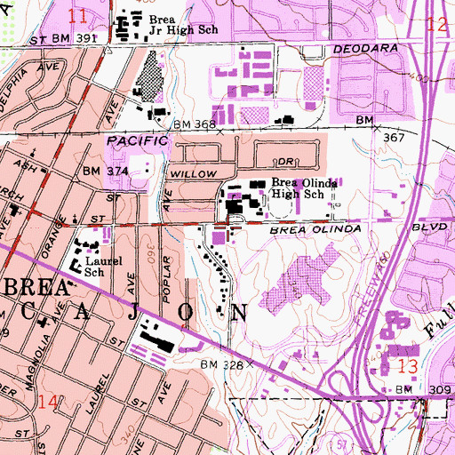 Topographic Map of Brea Branch Orange County Public Library, CA