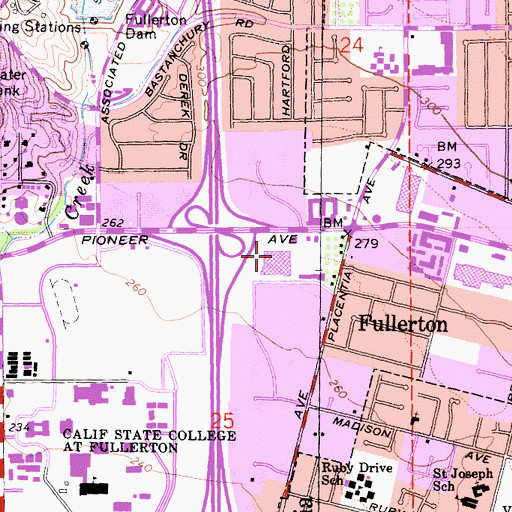 Topographic Map of Fullerton University Shopping Center, CA