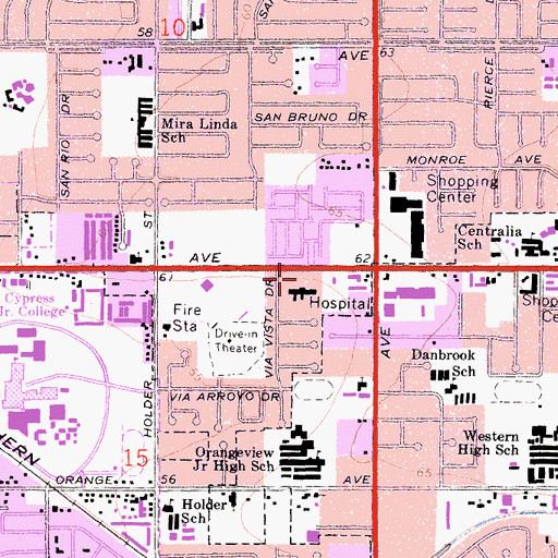 Topographic Map of Orange County Community Hospital, CA