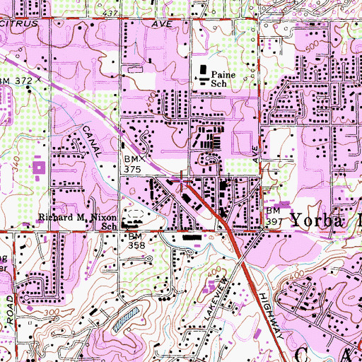 Topographic Map of Yorba Linda Public Library, CA