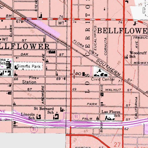 Topographic Map of Bellflower Post Office, CA