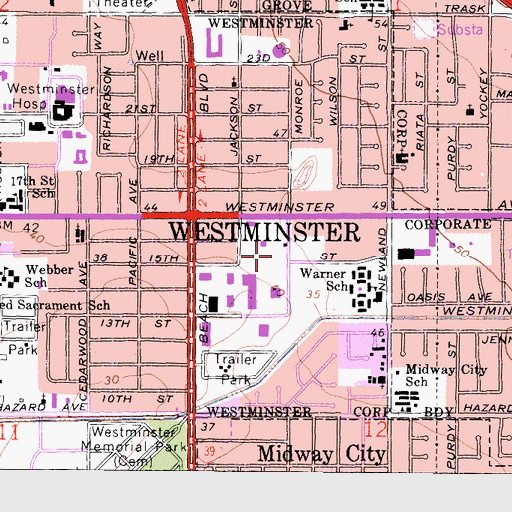 Topographic Map of Westminster City Hall, CA