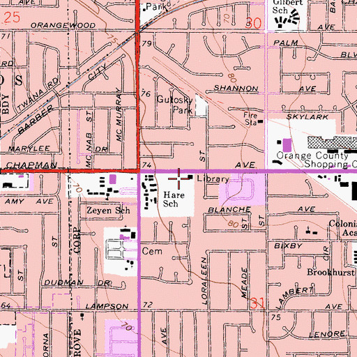 Topographic Map of Chapman Branch Orange County Public Library, CA