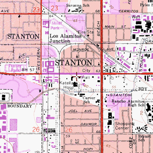 Topographic Map of Stanton Branch Orange County Public Library, CA