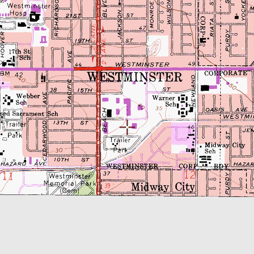 Topographic Map of Westminster Branch Orange County Public Library, CA