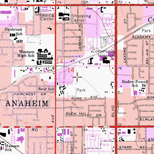 Topographic Map of Reid Park, CA