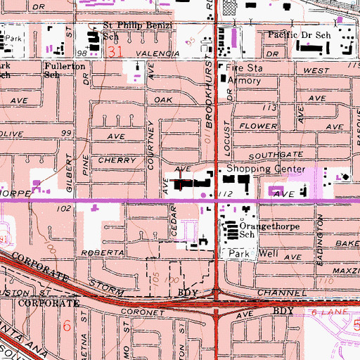 Topographic Map of West Fullerton Shopping Center, CA