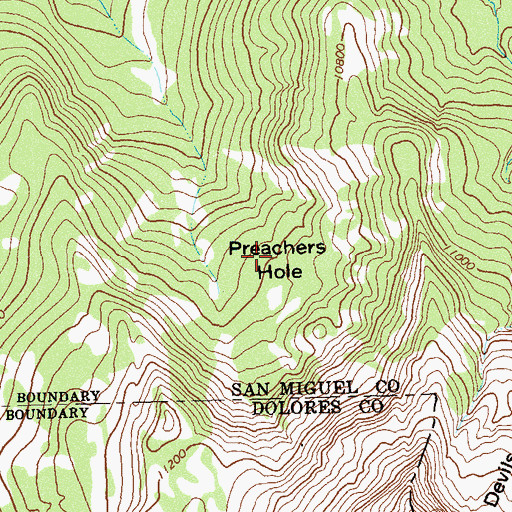 Topographic Map of Preachers Hole, CO