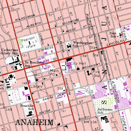 Topographic Map of Anaheim City Hall, CA