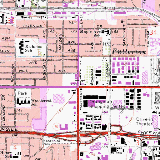Topographic Map of Fullerton Town Center Shopping Center, CA