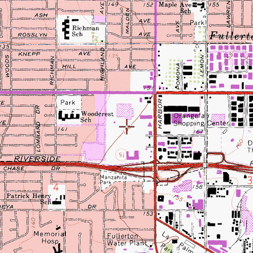 Topographic Map of Metrocenter Fullerton Shopping Center, CA