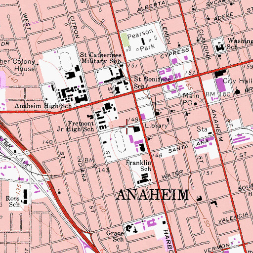 Topographic Map of Anaheim Public Library, CA