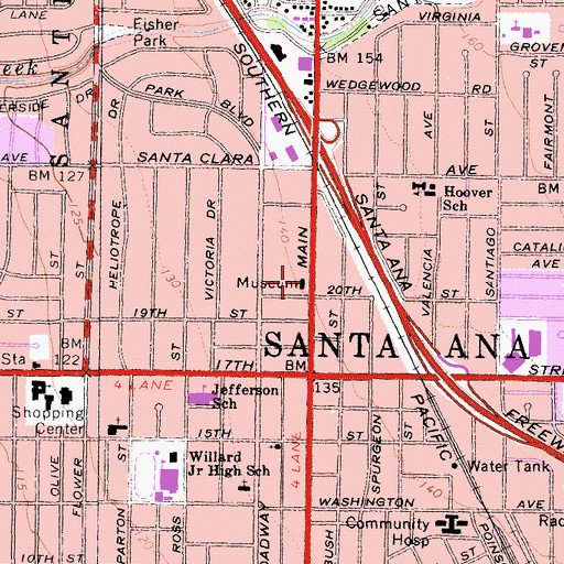 Topographic Map of Bowers Museum of Cultural Art, CA