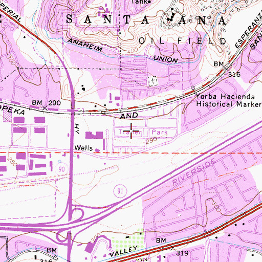 Topographic Map of Friendly Village of Anaheim, CA