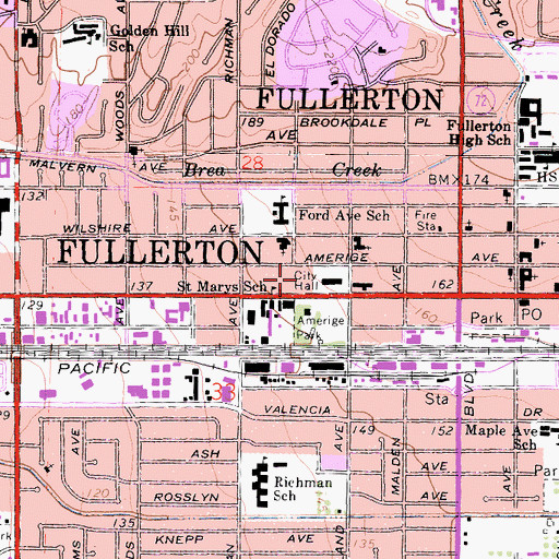 Topographic Map of Fullerton Public Library, CA