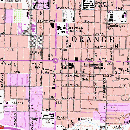 Topographic Map of Orange City Hall, CA