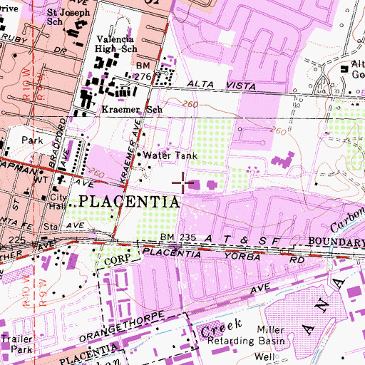 Topographic Map of Placentia City Hall, CA